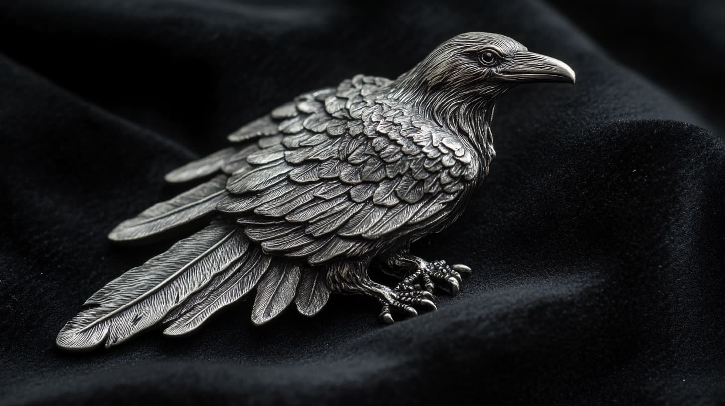Detailed silver raven brooch with layered feathers on black velvet