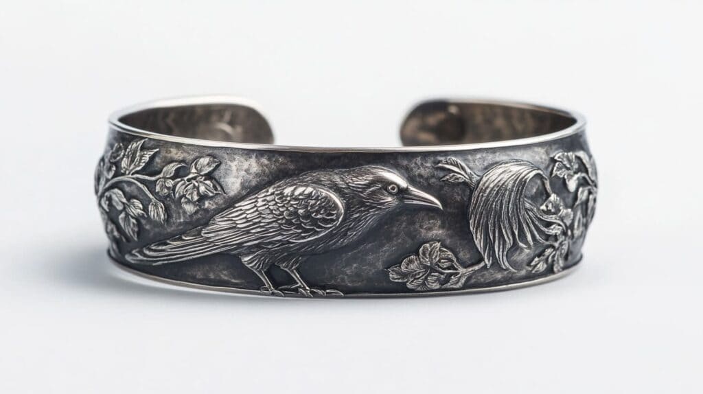 Silver cuff bracelet featuring engraved raven and floral details, symbolizing adaptability and natural wisdom in decorative jewelry.