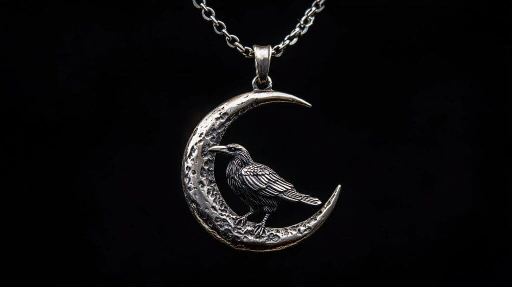 Silver raven pendant perched on a crescent moon, symbolizing transformation, wisdom, and spiritual connection in jewelry design.