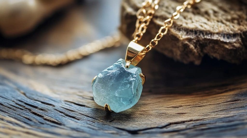 Raw aquamarine crystal set in a gold pendant necklace, placed on a rustic wooden background.