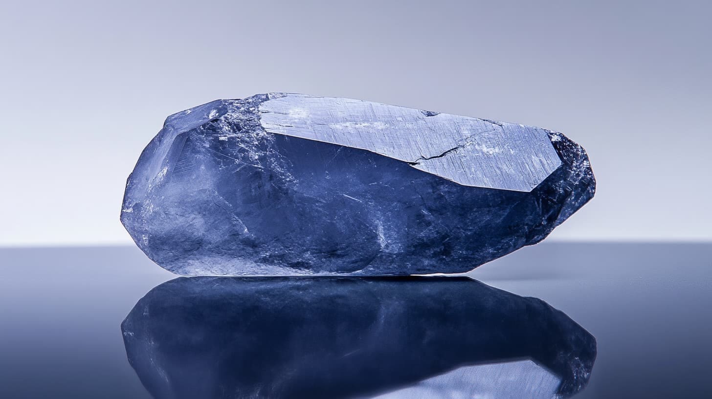 Rough benitoite crystal in deep blue reflected on a mirrored surface
