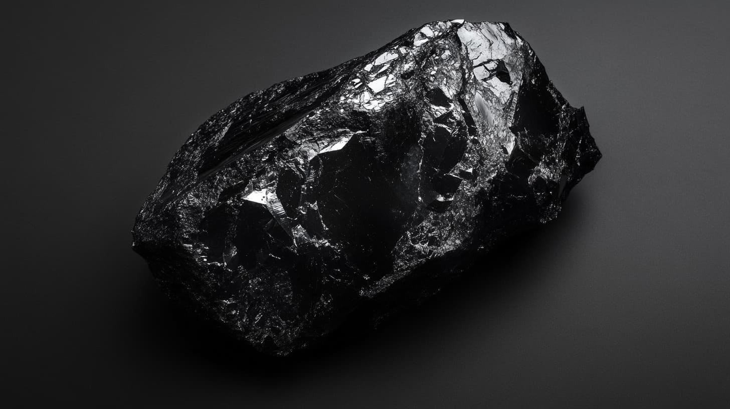 Chunk of raw black obsidian with glassy conchoidal fractures on grey