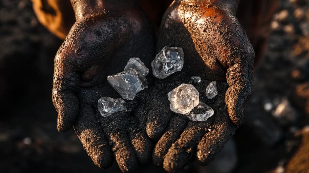 Hands covered in dirt holding rough, uncut diamonds, illustrating the harsh realities of illegal diamond mining and the blood diamond trade in conflict zones.