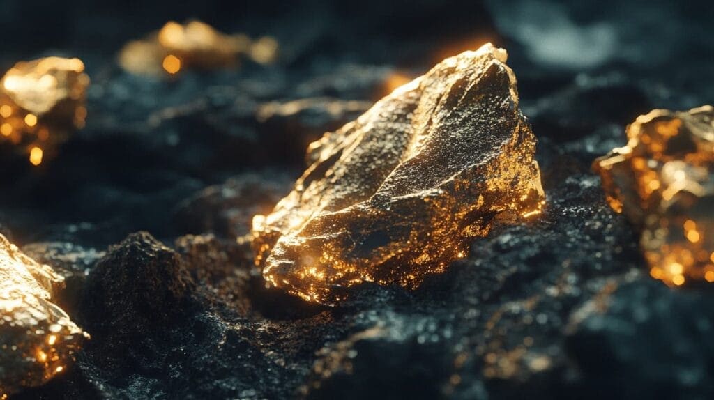 Close-up of raw gold nuggets embedded in rock, showcasing the natural rarity and beauty of unrefined gold.