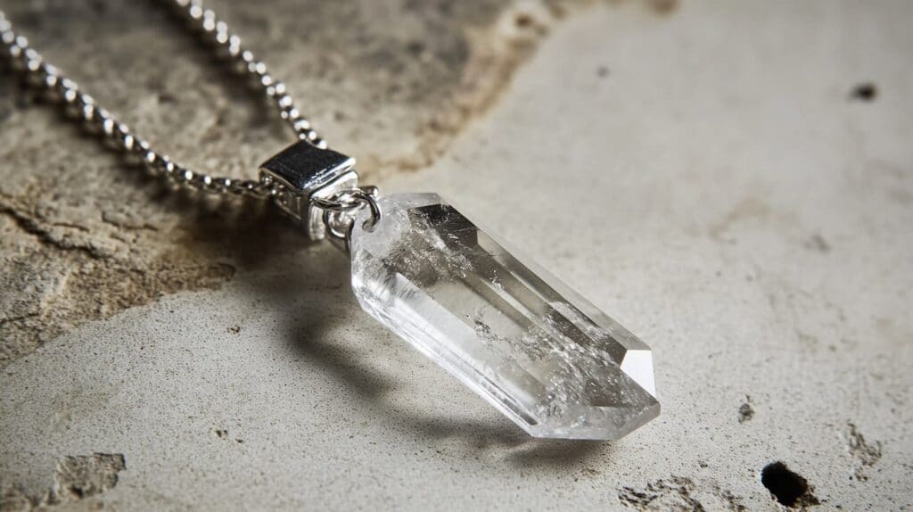 A raw Goshenite crystal pendant with natural inclusions, set in silver and displayed on a textured surface.