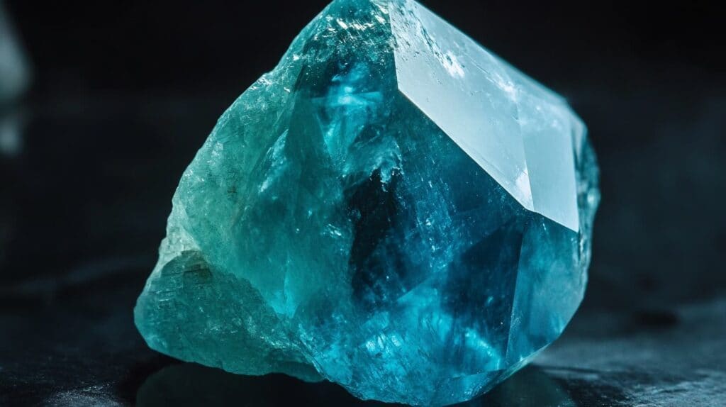 A raw grandidierite crystal with a striking blue-green color and natural translucency, sourced from Madagascar, highlighting its uncut, mineralogical beauty.
