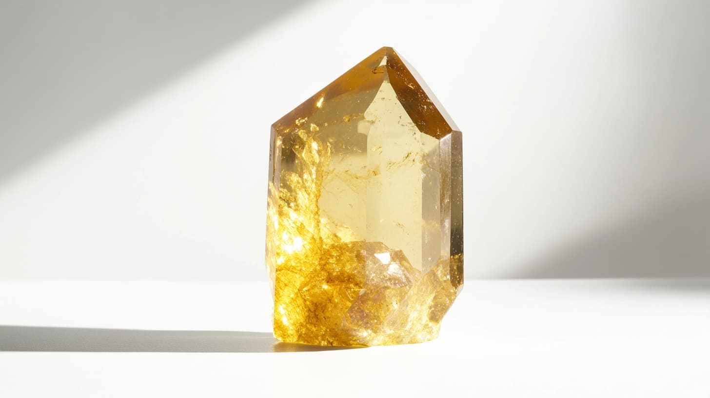 Golden heliodor beryl crystal point glowing yellow in sunlight on white