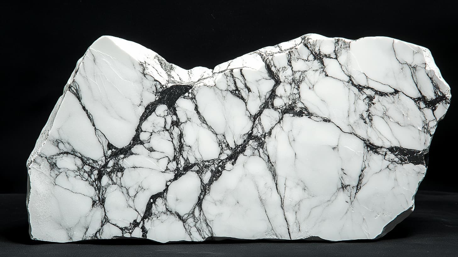 Slab of white howlite laced with black spidery veining on black