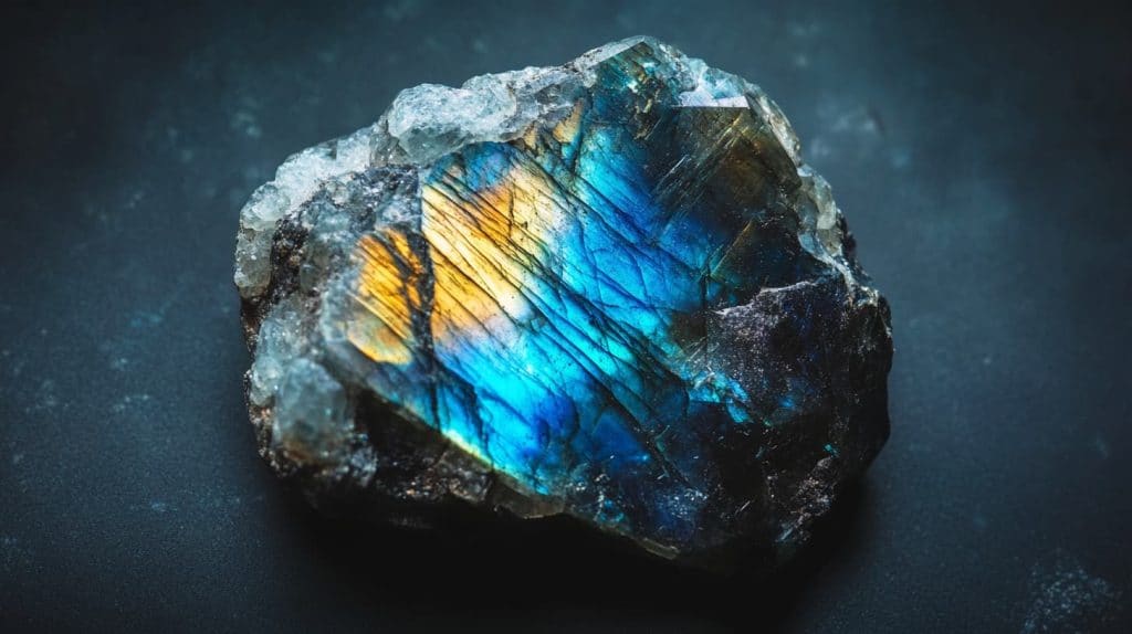 Raw labradorite crystal with vivid blue and gold labradorescence, showcasing its natural, unpolished beauty on a dark surface.