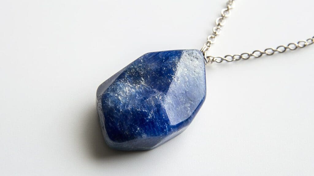 Faceted raw Lapis Lazuli gemstone pendant on a delicate silver chain, showcasing the natural deep blue hues with subtle mineral patterns.