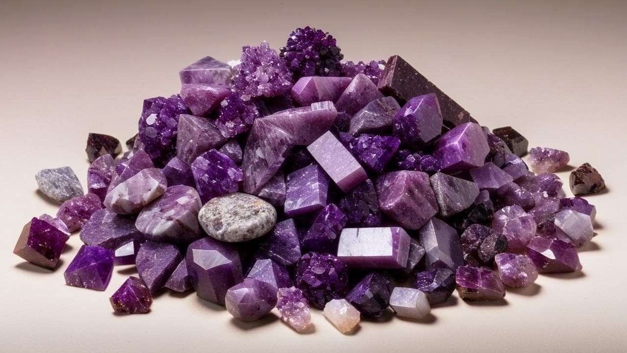 Heap of rough purple lepidolite crystals in varied shapes on beige