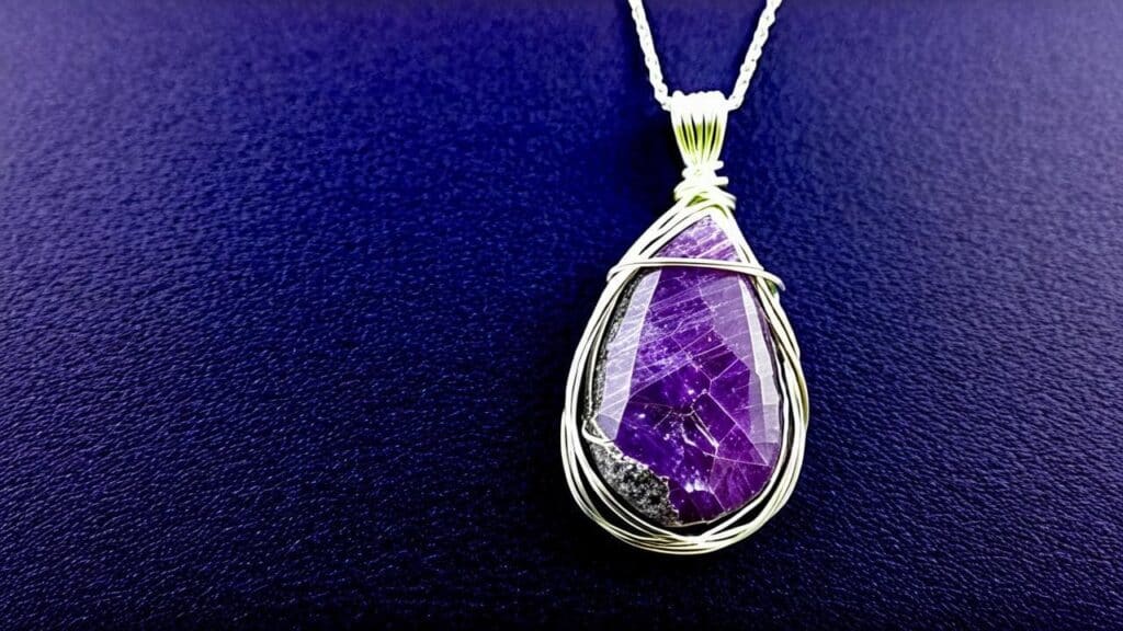 Wire-wrapped lepidolite pendant featuring raw purple mica crystal with visible natural striations
