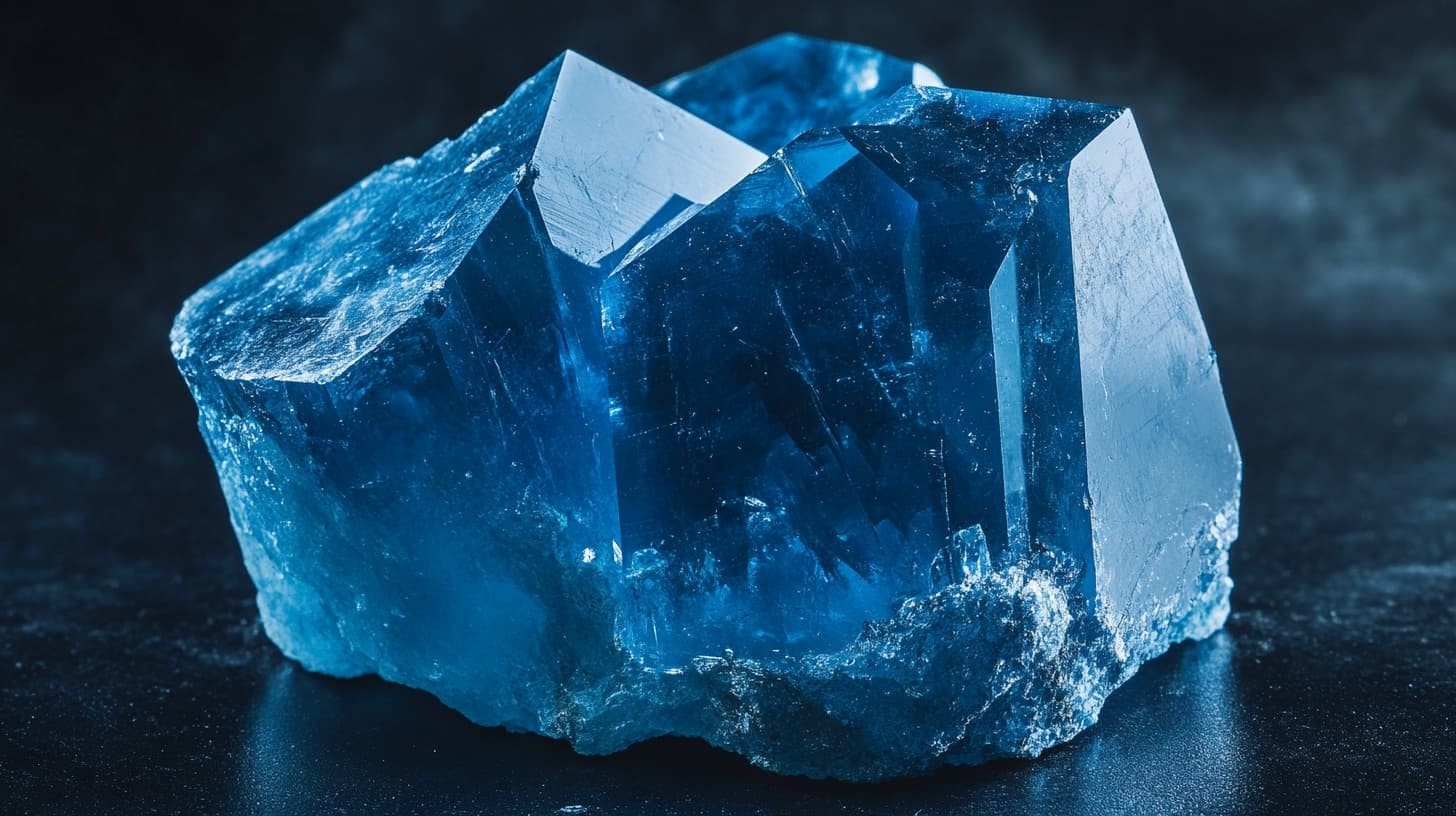 Rough maxixe beryl crystal in deep blue on a dark background