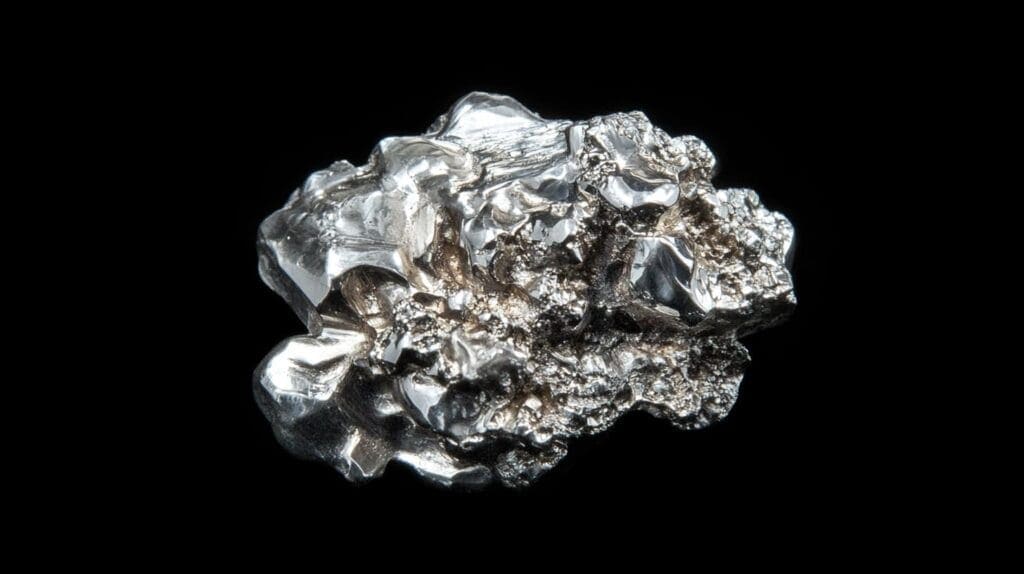 Raw platinum ore nugget in its natural metallic state showing the silvery appearance and irregular crystalline structure before processing