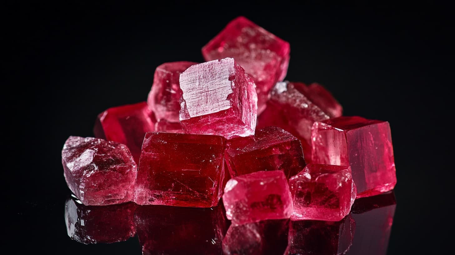 Pile of rough red beryl crystals in raspberry red reflected on black