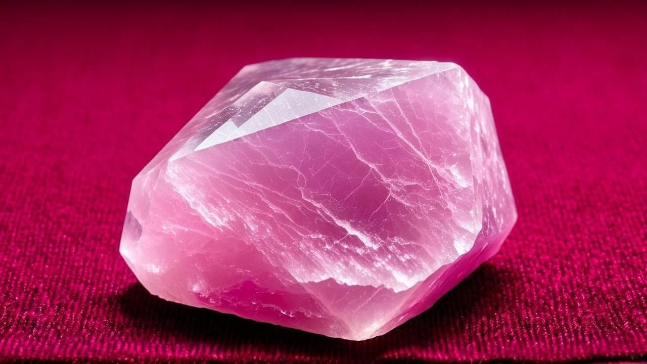 Rough rose quartz crystal in soft pink on deep pink fabric