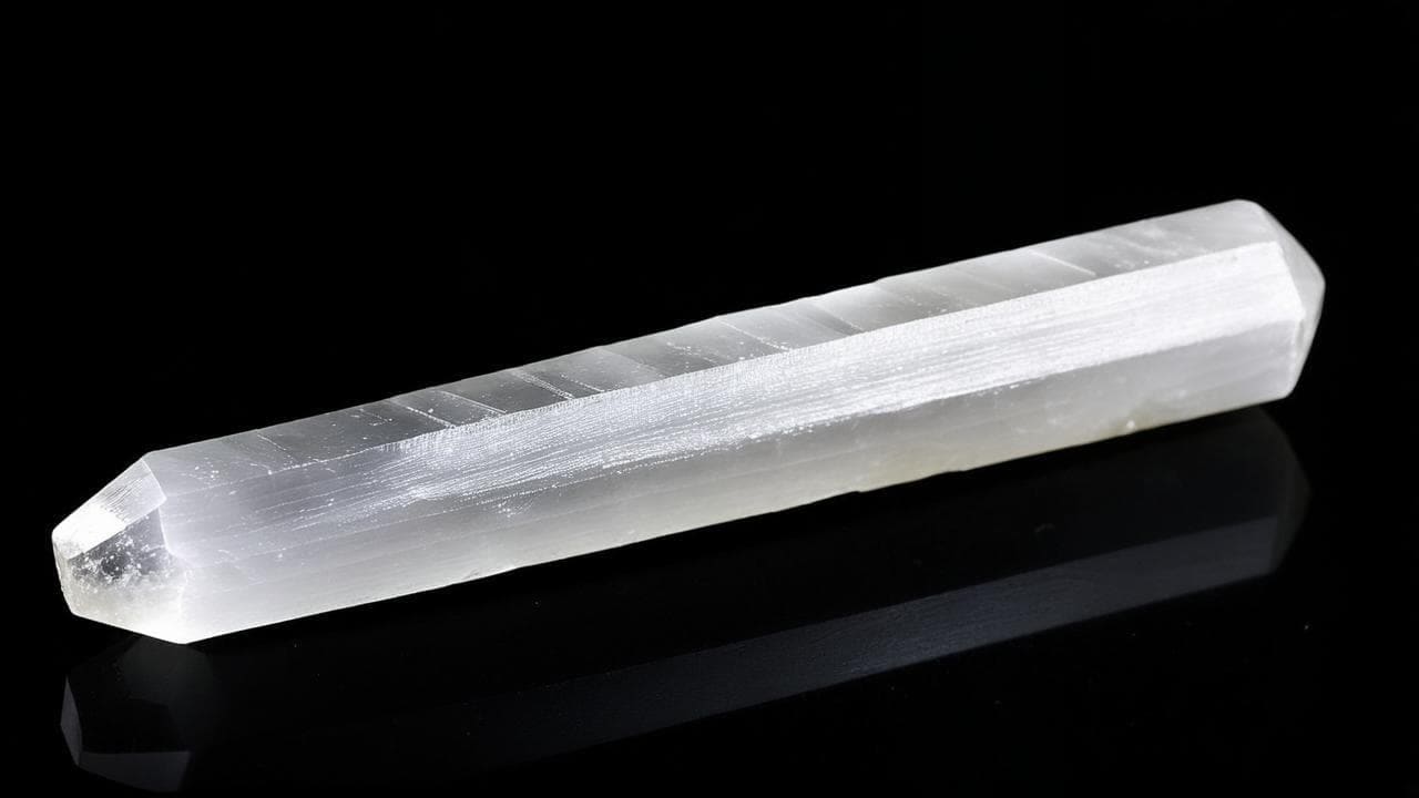 Polished selenite wand with fibrous white striations on black