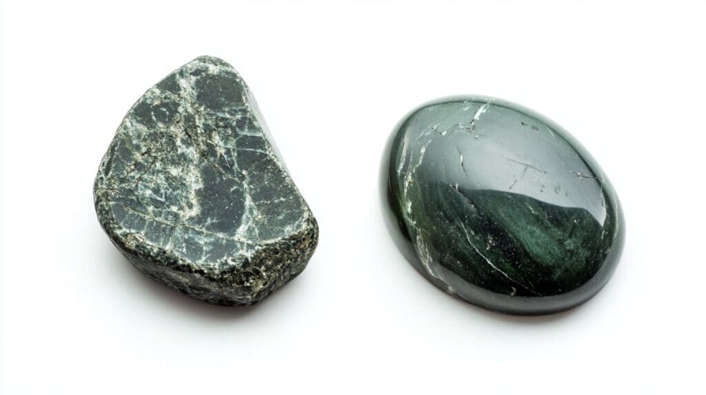 A side-by-side comparison of raw and polished serpentine stones, showing the natural unpolished texture on one stone and a smooth, glossy finish on the other.
