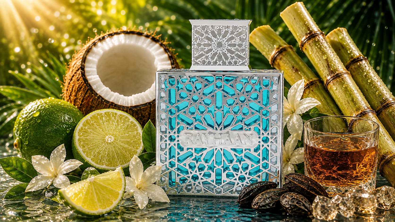 Rayhaan Aquatica cologne bottle with lime, coconut, and rum