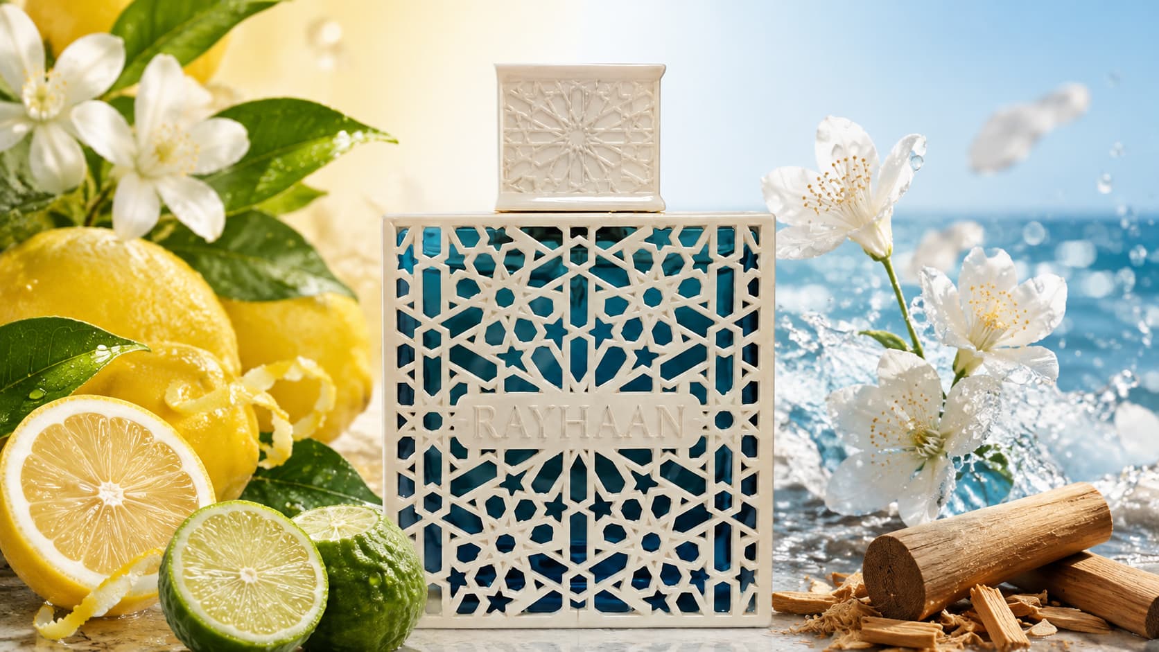 Rayhaan Azul cologne bottle with citrus, sandalwood, and marine notes