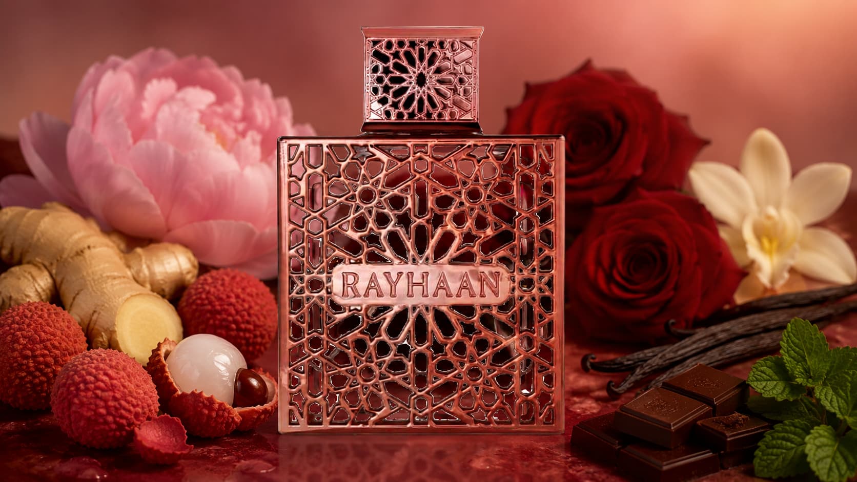 Rayhaan Divine perfume bottle with lychee, rose, and vanilla