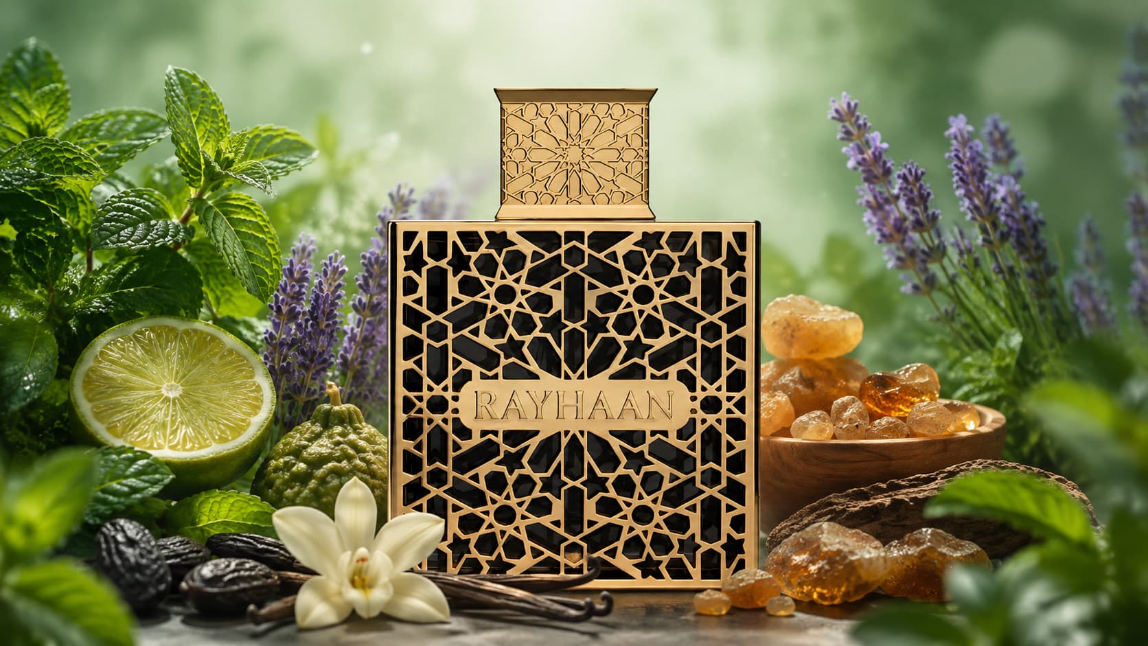 Rayhaan Elixir cologne bottle with lavender, vanilla, and tonka bean
