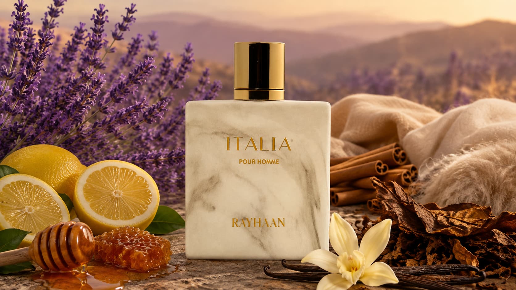 Rayhaan Italia cologne bottle with lemon, honey, and tobacco leaf