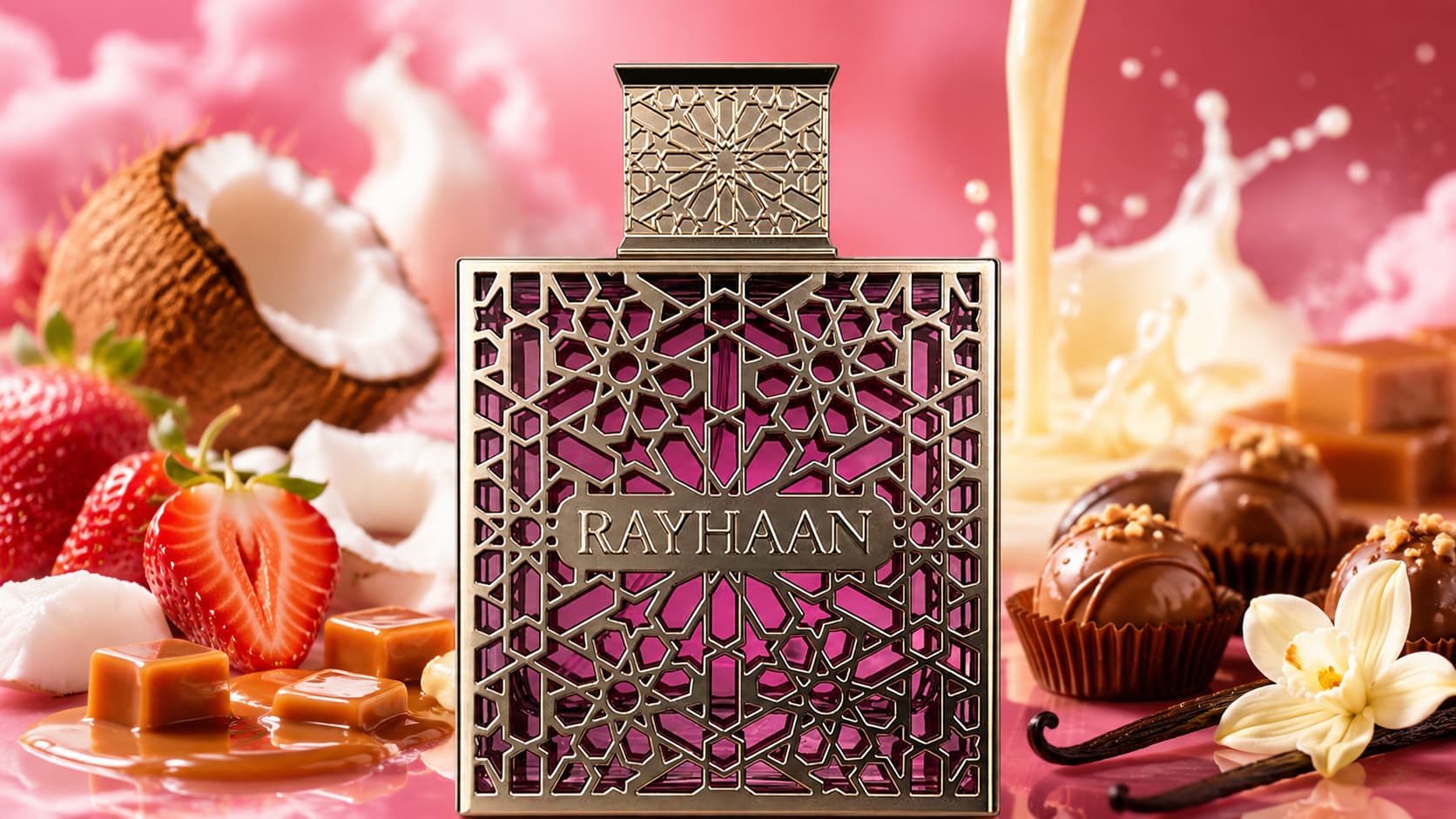 Rayhaan Kiss perfume bottle with strawberry, caramel, and vanilla