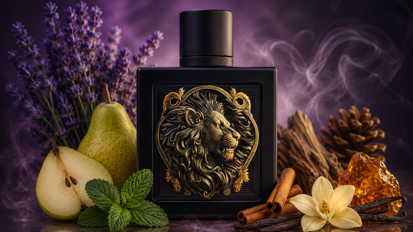 Rayhaan Lion cologne bottle with lavender, pear, mint, and cinnamon