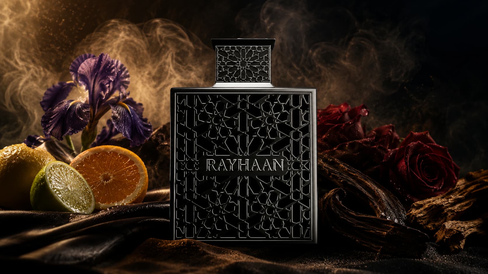 Rayhaan Obsidian cologne bottle with iris, leather, and oud