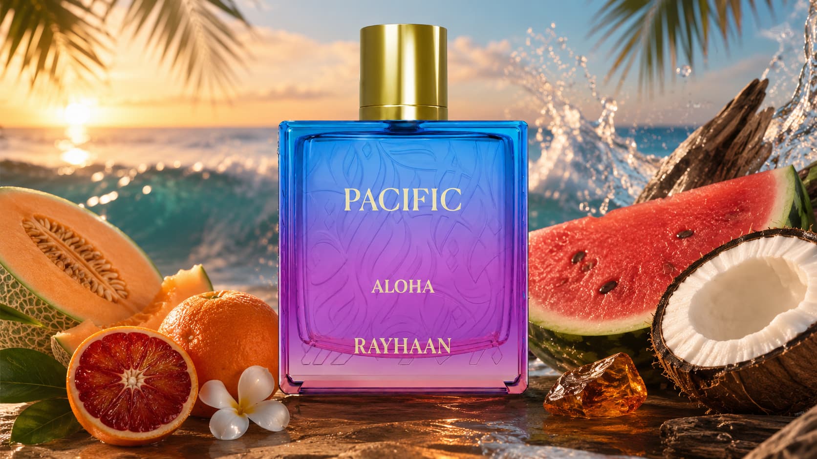 Rayhaan Pacific Aloha perfume bottle with melon, blood orange, and coconut