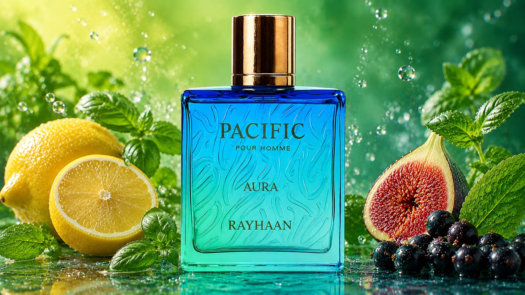 Rayhaan Pacific Aura cologne bottle with citrus, mint, and fig