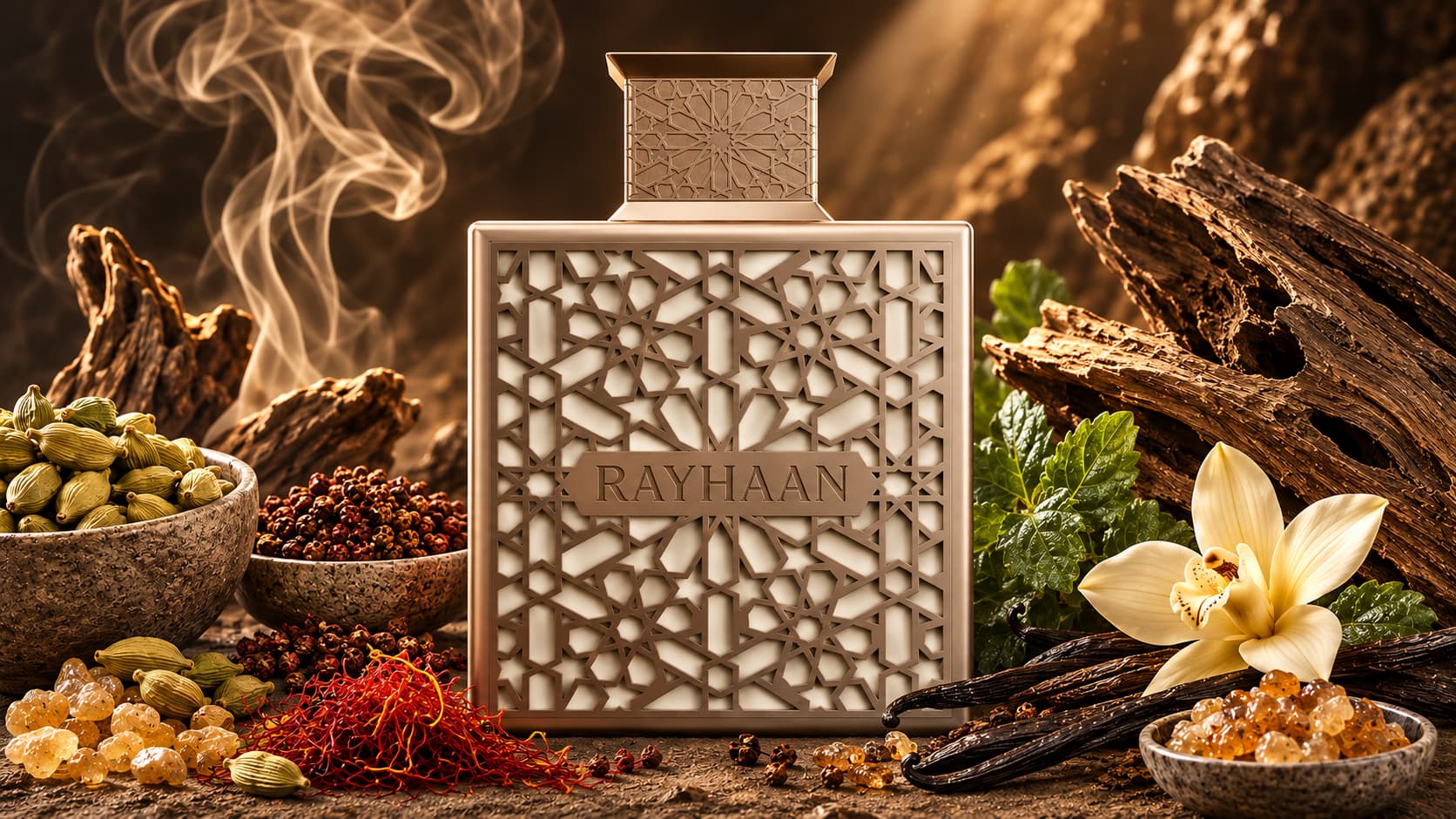 Rayhaan Terra cologne bottle with cardamom, saffron, and oud
