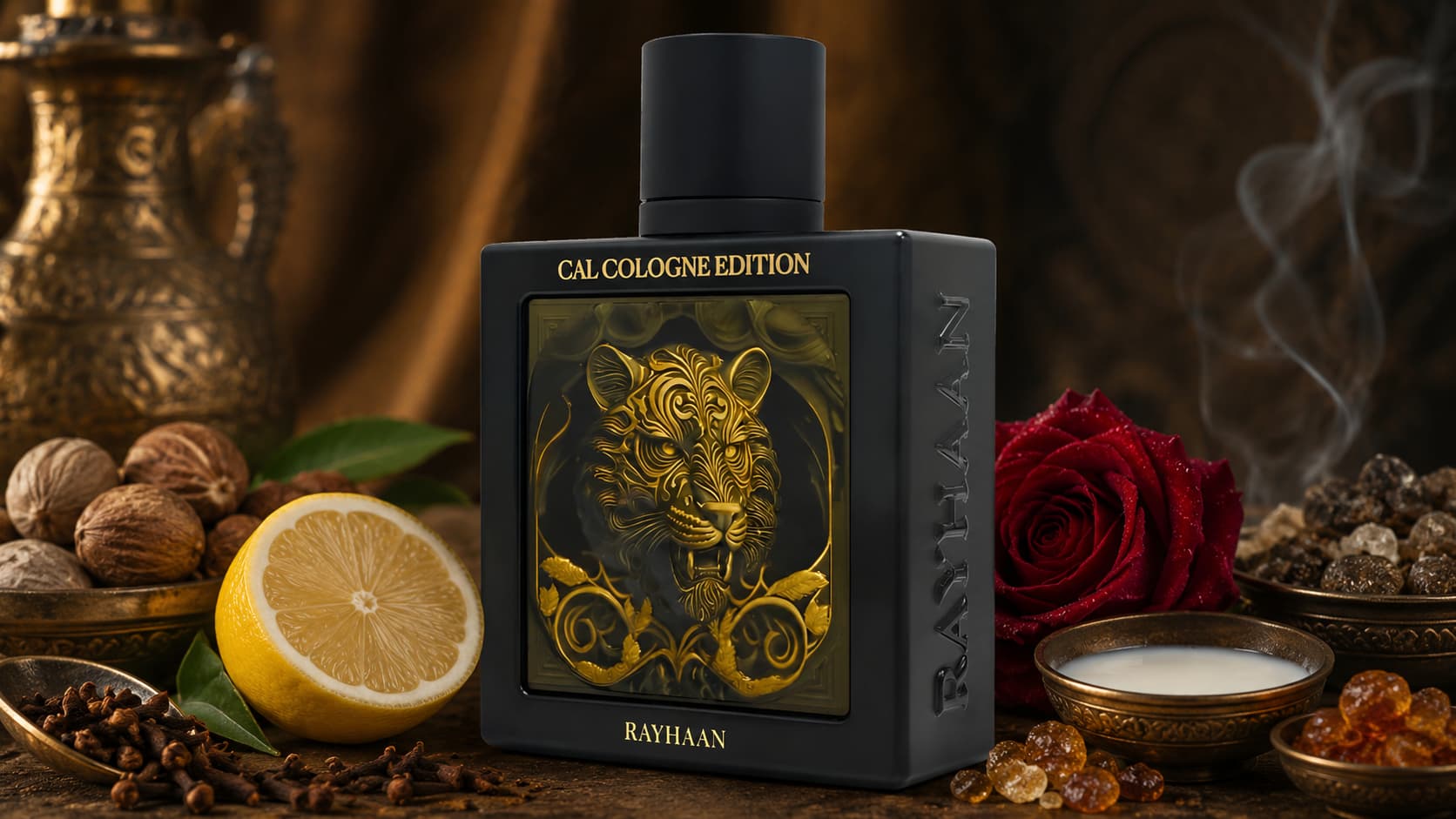 Rayhaan Tiger cologne bottle with nutmeg, clove, and rose