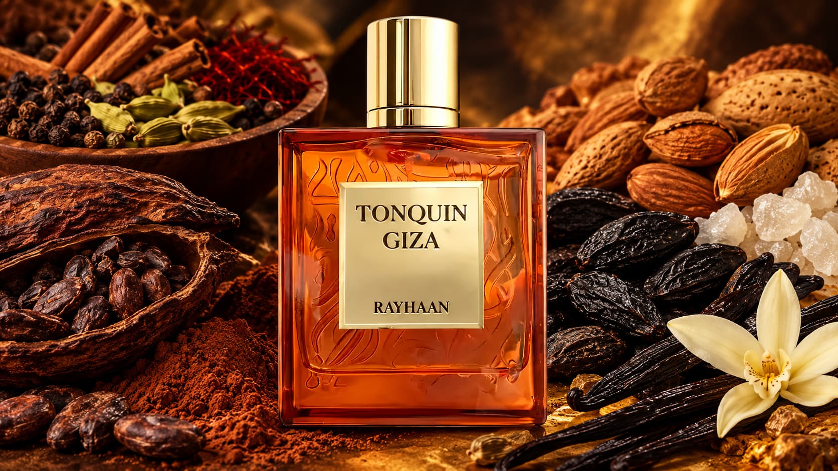 Rayhaan Tonquin Giza perfume bottle with cacao, almond, and vanilla