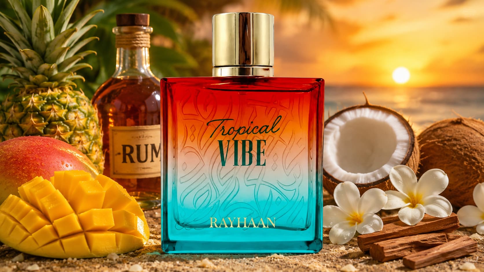 Rayhaan Tropical Vibe perfume bottle with mango, pineapple, and coconut