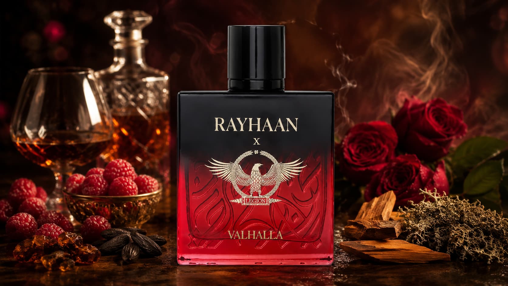 Rayhaan Valhalla perfume bottle with raspberry, cognac, and rose