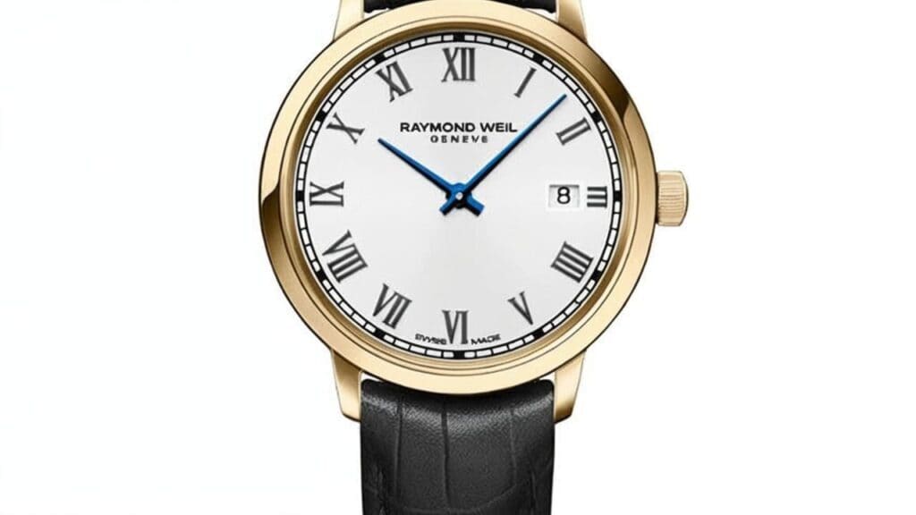 Raymond Weil Toccata dress watch with gold-tone case, white dial, Roman numerals, blue steel hands, date display and black leather strap