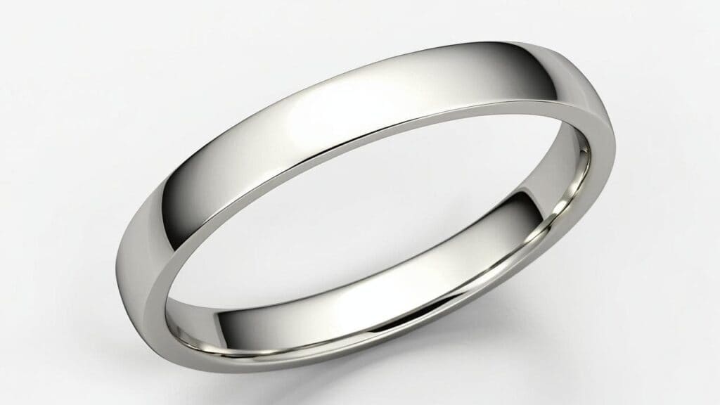 High-shine sterling silver band ring with smooth surface on light background