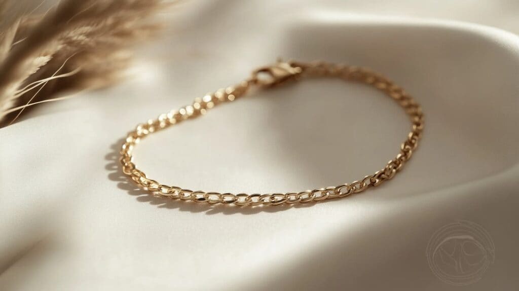 Elegant gold chain bracelet made from recycled materials, symbolizing sustainable and eco-friendly jewelry practices.