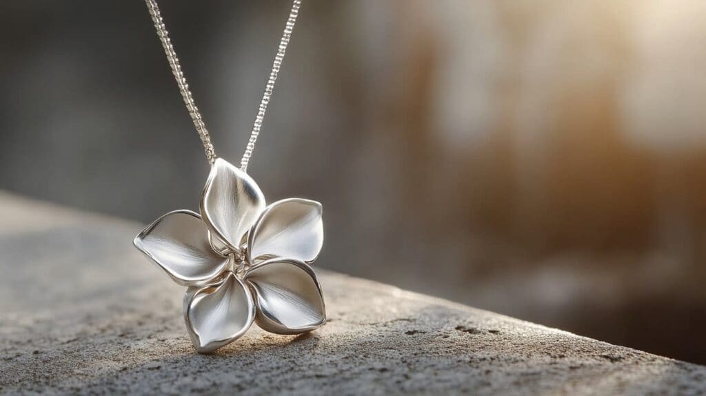 Delicate flower-shaped pendant made from recycled silver, blending artistic craftsmanship with sustainable materials.