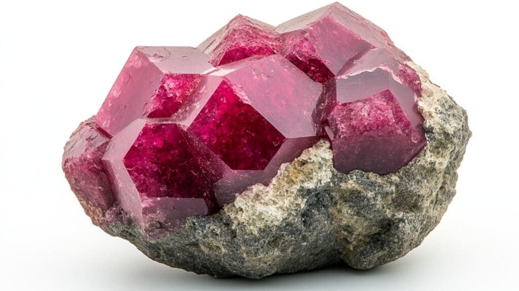 Cluster of natural Red Beryl crystals embedded in volcanic rock, showcasing their hexagonal shape and vibrant raspberry-red color.