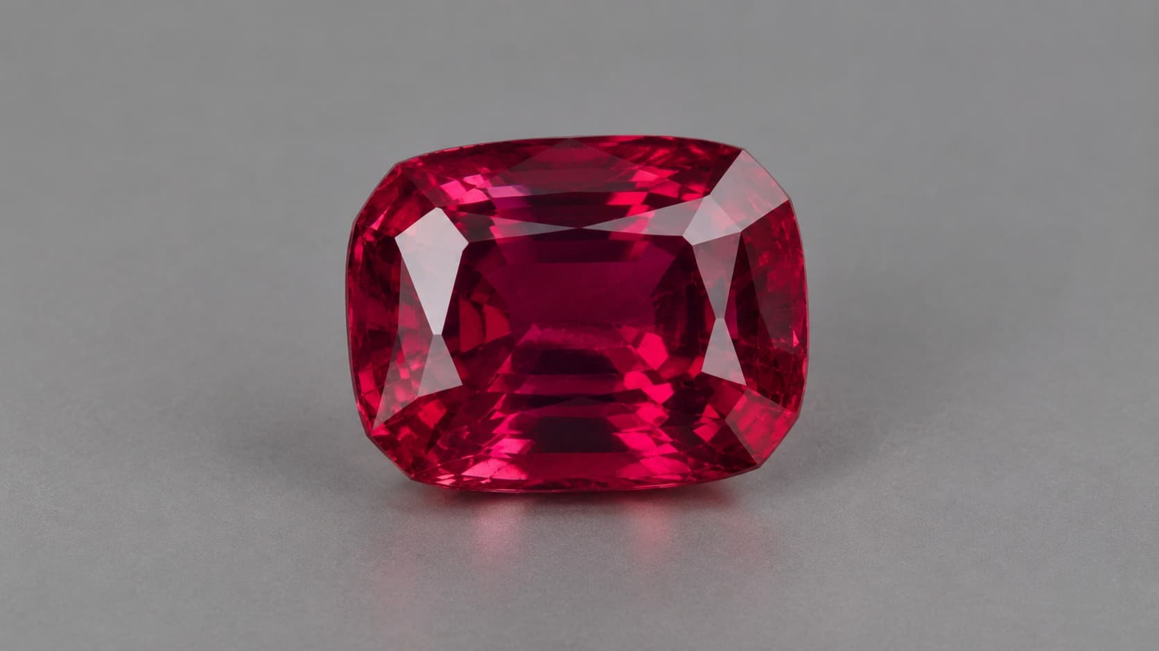 Faceted pink-red red beryl gemstone on a neutral gray background
