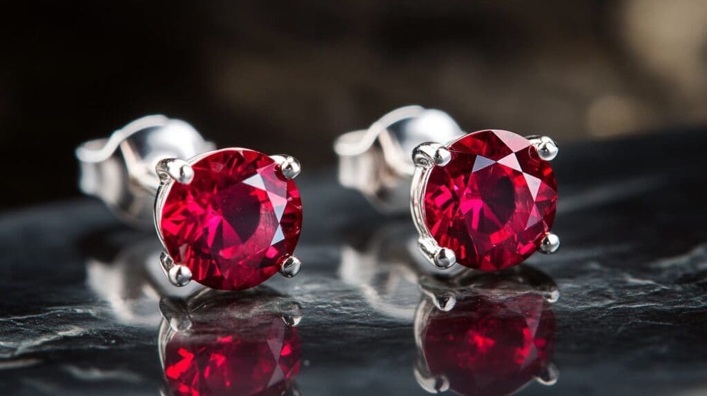 A pair of elegant Red Beryl stud earrings set in sterling silver, highlighting the gemstones’ deep red brilliance.