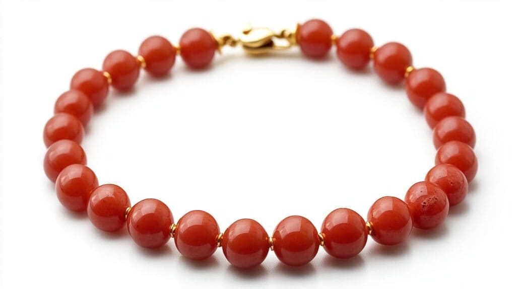 Elegant red coral bead bracelet with a gold clasp, featuring polished round coral beads on a white background.