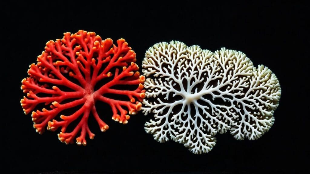 Natural red coral compared to bleached white coral, demonstrating how bleaching treatments lighten gemstone color.
