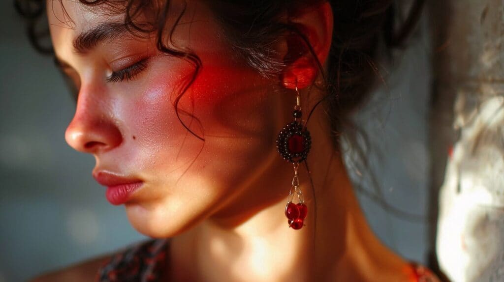 Woman wearing red earrings, highlighting aftercare for ear piercing