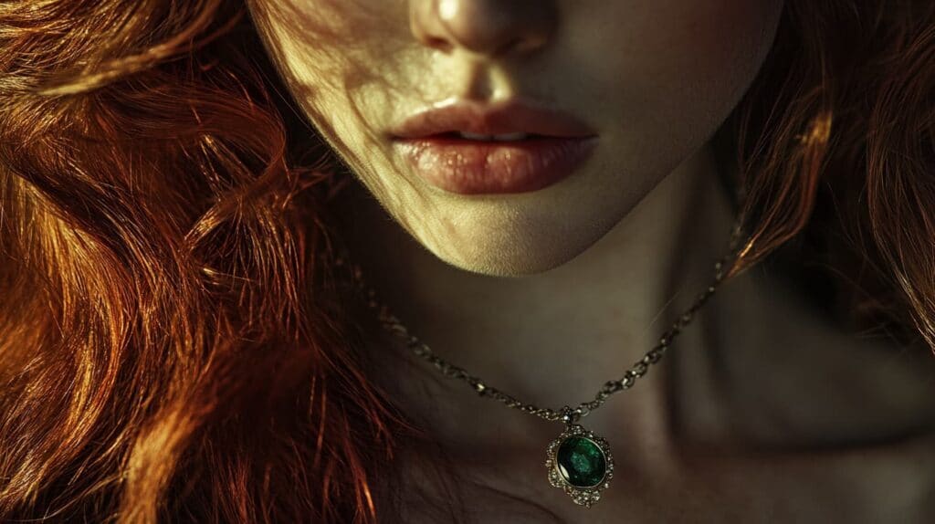 Close-up of a woman with vibrant red hair wearing a green emerald necklace, showcasing complementary jewelry for warm undertones.