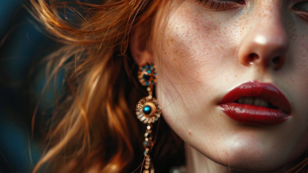 Close-up of a red-haired woman wearing dangly earrings with blue accents