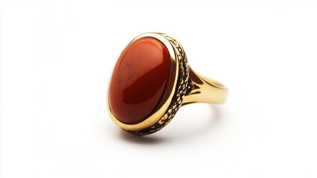 A polished red jasper cabochon set in an intricate gold ring, displayed on a white background.